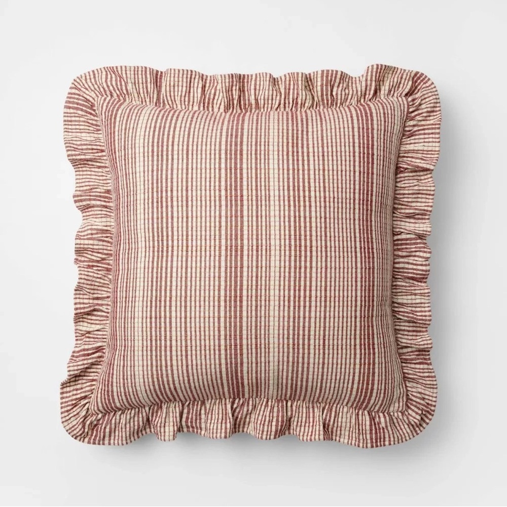 24"x24" Uneven Plaid with Ruffle Pillow Burgundy/Cream - Studio McGee